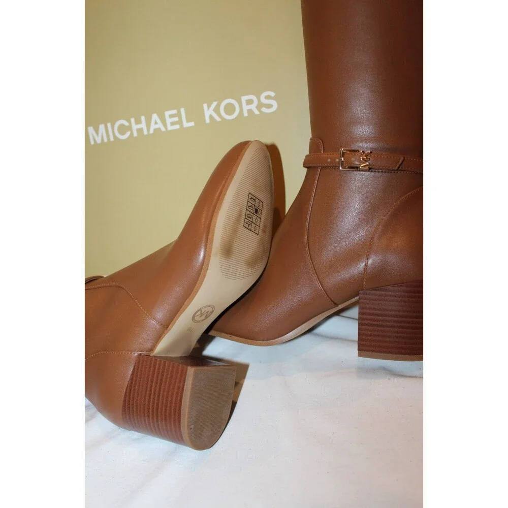 Michael Kors Ella Women's Block Heel Boots NIB 7 WIDE LUGGAGE BROWN LEATHER